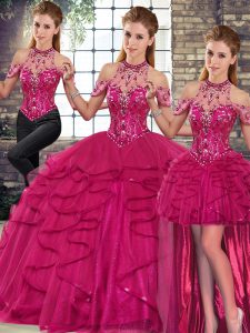 Modern Sleeveless Tulle Floor Length Lace Up Quince Ball Gowns in Fuchsia with Beading and Ruffles