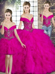 Floor Length Fuchsia Ball Gown Prom Dress Off The Shoulder Sleeveless Lace Up