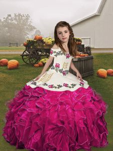 Fuchsia Lace Up Little Girls Pageant Dress Embroidery and Ruffles Sleeveless Floor Length