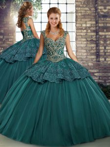 Green Sleeveless Floor Length Beading and Appliques Lace Up Quince Ball Gowns
