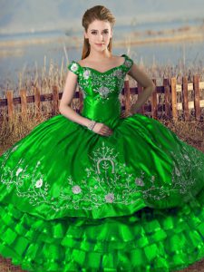 Off The Shoulder Sleeveless Quinceanera Dress Floor Length Embroidery and Ruffled Layers Green Satin