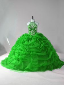 Deluxe Court Train Ball Gowns Sweet 16 Dresses Green Halter Top Organza Sleeveless Lace Up