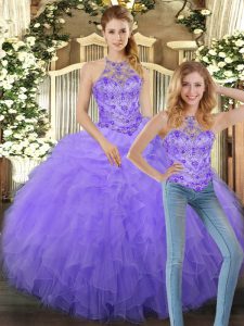Ball Gowns 15th Birthday Dress Lavender Halter Top Tulle Sleeveless Floor Length Lace Up