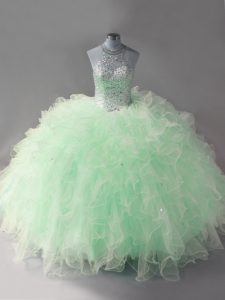 Edgy Tulle Halter Top Sleeveless Lace Up Beading and Ruffles Quinceanera Dress in Apple Green