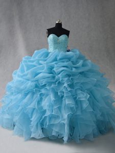 Sweet Baby Blue Ball Gowns Organza Sweetheart Sleeveless Beading and Ruffles and Pick Ups Floor Length Lace Up Sweet 16 Dresses