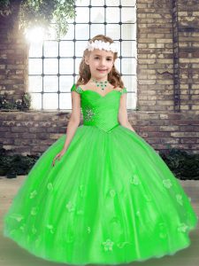 Custom Made Green Lace Up Custom Made Pageant Dress Beading and Hand Made Flower Sleeveless Floor Length