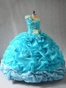 Organza One Shoulder Sleeveless Lace Up Pick Ups and Hand Made Flower Sweet 16 Dress in Aqua Blue