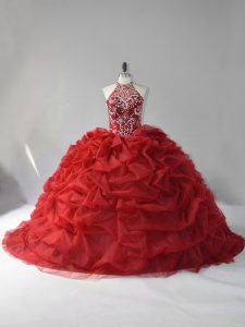Halter Top Sleeveless Court Train Lace Up Vestidos de Quinceanera Wine Red Organza
