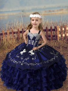 Sleeveless Lace Up Floor Length Embroidery and Ruffled Layers Pageant Gowns For Girls