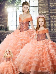Wonderful Peach Lace Up Off The Shoulder Beading and Ruffled Layers Quinceanera Gown Organza Sleeveless Brush Train