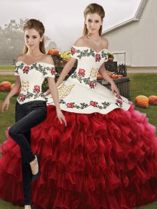 Luxurious Off The Shoulder Sleeveless Quinceanera Gown Floor Length Embroidery and Ruffled Layers Wine Red Organza