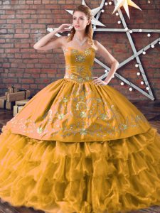 Fitting Gold Sleeveless Embroidery and Ruffled Layers Floor Length Sweet 16 Quinceanera Dress