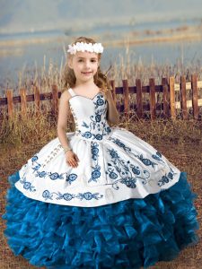 Embroidery and Ruffles Kids Formal Wear Blue Lace Up Sleeveless Floor Length