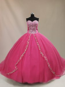 Hot Pink Ball Gowns Beading Vestidos de Quinceanera Lace Up Tulle Sleeveless