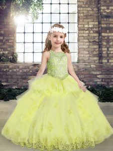 Fantastic Yellow Green Ball Gowns Lace and Appliques Kids Pageant Dress Lace Up Tulle Sleeveless Floor Length