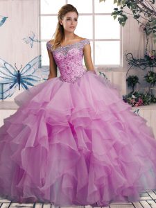 Cheap Sleeveless Organza Floor Length Lace Up Sweet 16 Dresses in Lilac with Beading and Ruffles