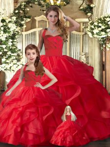 Inexpensive Ball Gowns Quinceanera Dresses Red Halter Top Tulle Sleeveless Floor Length Lace Up