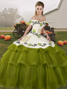 Olive Green Sweet 16 Quinceanera Dress Military Ball and Sweet 16 and Quinceanera with Embroidery and Ruffled Layers Off The Shoulder Sleeveless Brush Train Lace Up