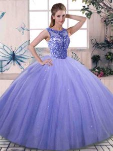 Stylish Scoop Sleeveless Lace Up Quince Ball Gowns Lavender Tulle