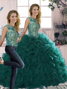 Peacock Green Scoop Neckline Beading and Ruffles 15th Birthday Dress Sleeveless Lace Up