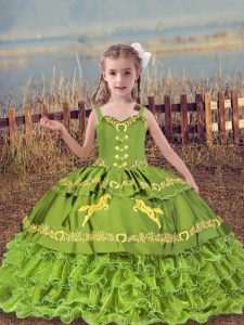 Sleeveless Floor Length Beading and Embroidery and Ruffled Layers Lace Up Pageant Dress Wholesale with Olive Green
