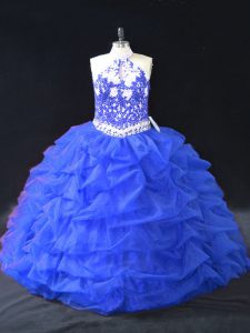 Fancy Blue Organza Backless Sweet 16 Quinceanera Dress Sleeveless Floor Length Beading and Appliques