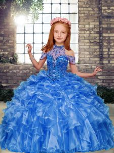 Blue Pageant Gowns For Girls Party and Military Ball and Wedding Party with Beading and Ruffles High-neck Sleeveless Lace Up