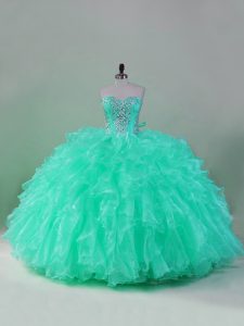 High End Sleeveless Organza Floor Length Lace Up Quinceanera Dresses in Turquoise with Beading and Ruffles