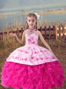 Enchanting Sleeveless Floor Length Beading and Embroidery and Ruffles Lace Up Little Girls Pageant Dress with Hot Pink