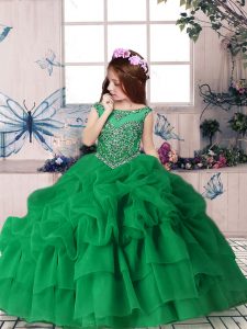 Sleeveless Organza Floor Length Zipper Little Girls Pageant Dress Wholesale in Green with Beading and Pick Ups