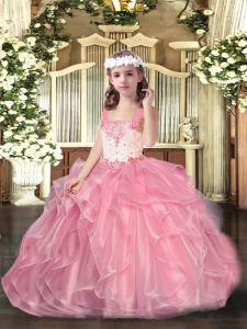Latest Pink Organza Lace Up Little Girls Pageant Gowns Sleeveless Floor Length Beading and Ruffles
