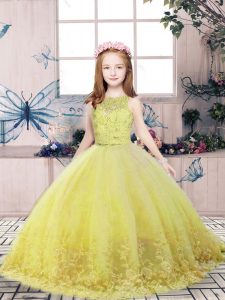 Vintage Sleeveless Floor Length Lace and Appliques Backless High School Pageant Dress with Yellow Green