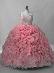 Amazing Pink Sweetheart Lace Up Beading Quinceanera Gowns Brush Train Sleeveless