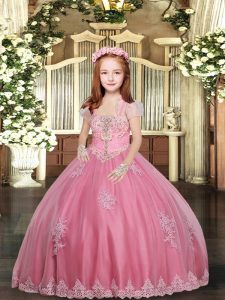 Customized Pink Tulle Lace Up High School Pageant Dress Sleeveless Floor Length Appliques
