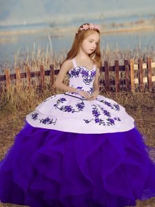 Cute Purple Straps Lace Up Embroidery and Ruffles Kids Formal Wear Sleeveless