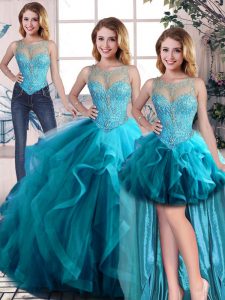 Aqua Blue Three Pieces Beading and Ruffles Sweet 16 Quinceanera Dress Lace Up Tulle Sleeveless Floor Length