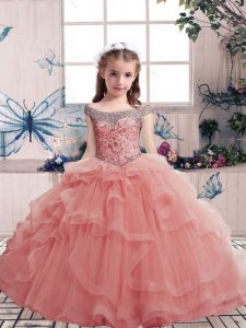 Floor Length Pink Pageant Dress for Womens Tulle Sleeveless Beading and Ruffles