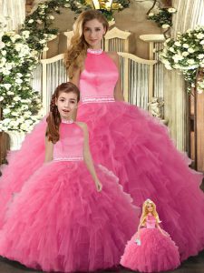 Fashion Hot Pink Backless Halter Top Beading and Ruffles Sweet 16 Quinceanera Dress Tulle Sleeveless