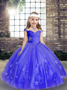 Glamorous Blue Sleeveless Beading and Hand Made Flower Floor Length Pageant Gowns For Girls