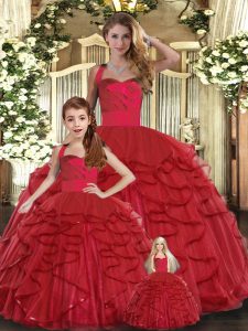 Red Straps Neckline Ruffles Ball Gown Prom Dress Sleeveless Lace Up