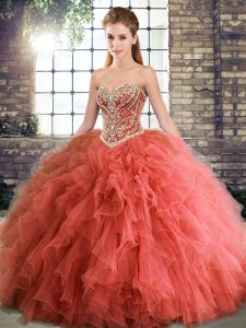 Tulle Sweetheart Sleeveless Lace Up Beading and Ruffles Sweet 16 Dresses in Coral Red