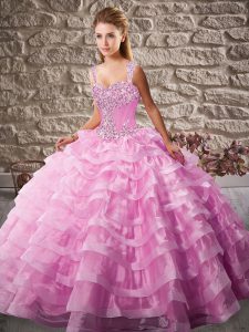 New Arrival Pink Lace Up Straps Beading and Ruffled Layers 15th Birthday Dress Organza Sleeveless Court Train