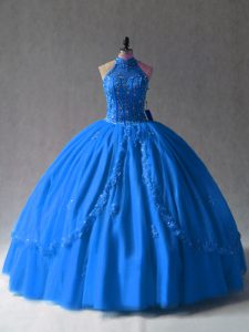 Pretty Beading and Appliques Quinceanera Gown Royal Blue Side Zipper Sleeveless Floor Length