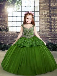 Customized Sleeveless Tulle Floor Length Lace Up Pageant Dresses in Green with Beading