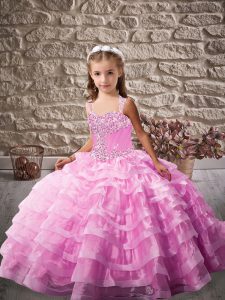 Lilac Little Girls Pageant Gowns Organza Brush Train Sleeveless Beading and Ruffled Layers