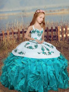 Organza Straps Sleeveless Lace Up Embroidery and Ruffles Pageant Gowns in Aqua Blue