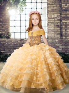 Artistic Ball Gowns Sleeveless Orange Kids Pageant Dress Brush Train Lace Up