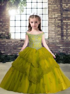 Flare Olive Green Sleeveless Floor Length Beading and Appliques Lace Up Little Girls Pageant Gowns
