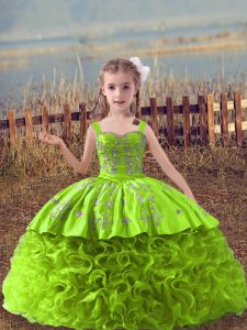 Clearance Yellow Green Fabric With Rolling Flowers Lace Up Pageant Dress for Womens Sleeveless Sweep Train Embroidery