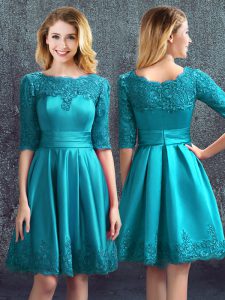 Knee Length Zipper Quinceanera Dama Dress Teal for Wedding Party with Lace